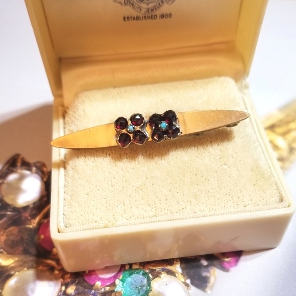 10kt TOP 1910s George L. Paine Bohemian Garnet Persian Turquoise Brooch - Picture 3 of 8